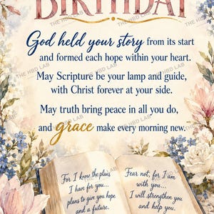 May include: A birthday greeting card featuring watercolour floral illustrations of pink magnolias and blue flowers. The text reads: Happy Birthday, God held your story from its start and formed each hope within your heart. May Scripture be your lamp and guide, with Christ forever at your side. May truth bring peace in all you do, and grace make every morning new. An open book displays Jeremiah 29:11 and Isaiah 41:10, with a lit candle nearby.