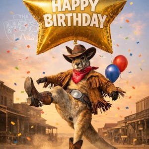 Puede incluir: Un canguro con un atuendo de vaquero levanta polvo en una escena de un pueblo del oeste. El canguro lleva un sombrero marrón, una chaqueta con flecos y botas. Un globo dorado en forma de estrella con el texto "HAPPY BIRTHAY" flota encima. Globos rojos y azules y confeti completan la imagen festiva.