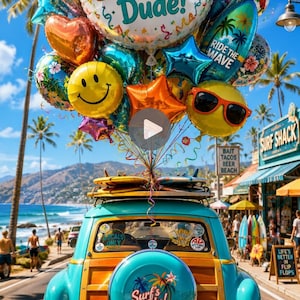 Può includere: Una station wagon color verde acqua con pannelli in legno e una copertura per la ruota di scorta con la scritta Surf's Up, sormontata da un grande grappolo di palloncini colorati. Il palloncino centrale reca la scritta Happy Birthday Dude.