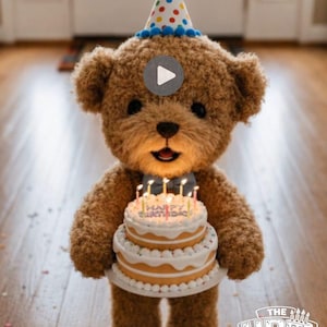 Op de afbeelding: Een bruine pluche teddybeer met een wit feesthoedje met gekleurde stippen en een blauwe pompon. De beer houdt een witte verjaardagstaart met twee lagen, brandende kaarsjes en de tekst Happy Birthday vast. Een logo toont THE HBD LAB.