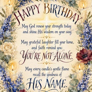 Peut inclure: Une carte d'anniversaire à l'aquarelle avec une couronne florale de roses crème, d'anémones rouge foncé et de delphiniums bleus entourant cinq bougies allumées. Le texte indique : Happy Birthday, May God renew your strength today and shine His wisdom on your way. May grateful laughter fill your home, and faith remind you: YOU'RE NOT ALONE. May every candle's gentle flame recall the goodness of HIS NAME.