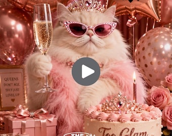Carte de voeux vidéo numérique d'anniversaire drôle et glamour avec chat diva et joyeux anniversaire avec ballon de luxe