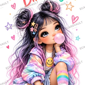 以下が含まれることがあります： 紫とピンクの長い髪を二つのお団子に結ったキャラクターのデジタルイラスト。タイダイ柄のジャケット、スマイリーフェイスのTシャツ、虹色の靴下を着用。スケートボードに座ってガムの風船を膨らませており、Have the Best Birthday!というテキストが描かれている。