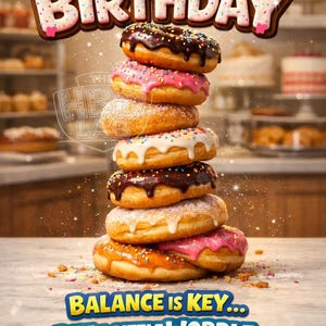 Tarjeta de felicitación de cumpleaños con diseño de pila de donas / Descarga digital / Divertida tarjeta electrónica de cumpleaños, para compartir al instante, regalo moderno de cumpleaños para él o ella.