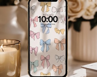 Paquete de fondos de pantalla para teléfono con lazos pastel y lazo femenino (descarga digital)