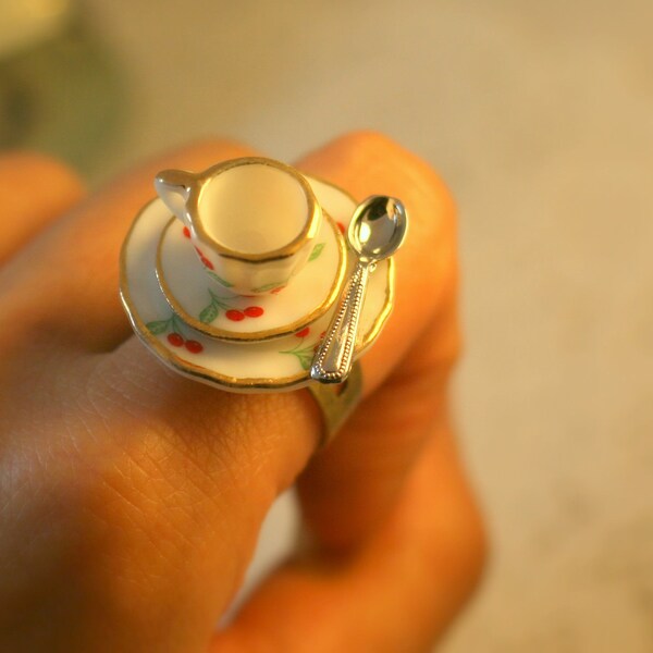 Miniature ring Adorable Tiny Afternoon Tea Set Cup Porcelain Ring Dollhouse Miniature Jewelry