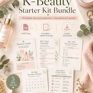 Puede incluir: Un paquete de inicio K-Beauty que incluye cinco archivos PDF imprimibles, como una guía de inicio, lista de verificación de tipo de piel, planificador de rutina AM/PM, calendario de 30 días y hoja de ingredientes para el cuidado.