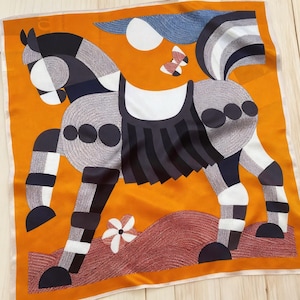 100% Mulberry Silk Scarf – Vintage Equestrian Horse Print, Bohemian Style Accessory B