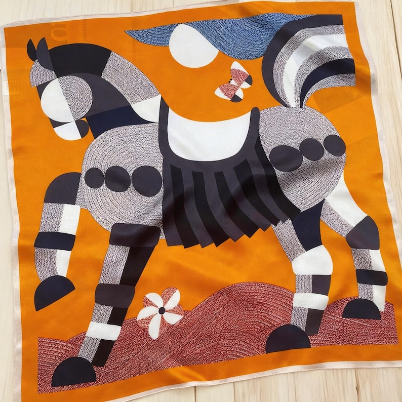 100% Mulberry Silk Scarf – Vintage Equestrian Horse Print, Bohemian Style Accessory B