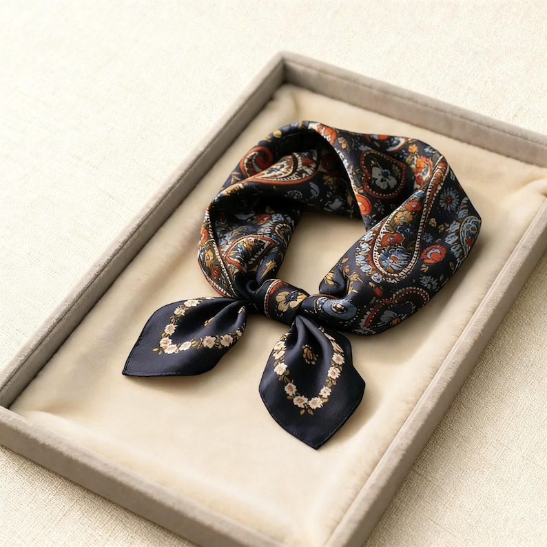 May include: A navy blue silk scarf featuring a paisley design in orange, blue, and gold hues. The scarf is knotted, with floral patterns adorning the ends. It's presented in a rectangular tray, showcasing its intricate details.