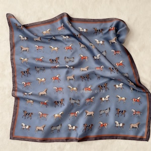 100% Mulberry Silk Scarf – Vintage Equestrian Horse Print, Bohemian Style Accessory D