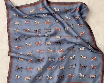100% Mulberry Silk Scarf – Vintage Equestrian Horse Print, Multipurpose Shawl and Beach Wrap