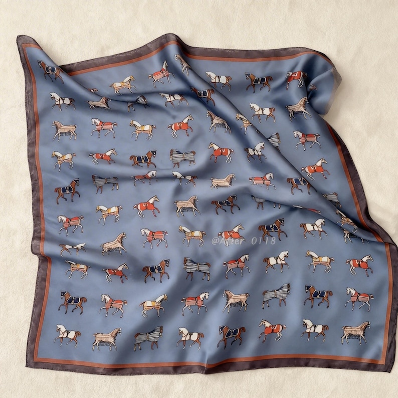 100% Mulberry Silk Scarf – Vintage Equestrian Horse Print, Bohemian Style Accessory D