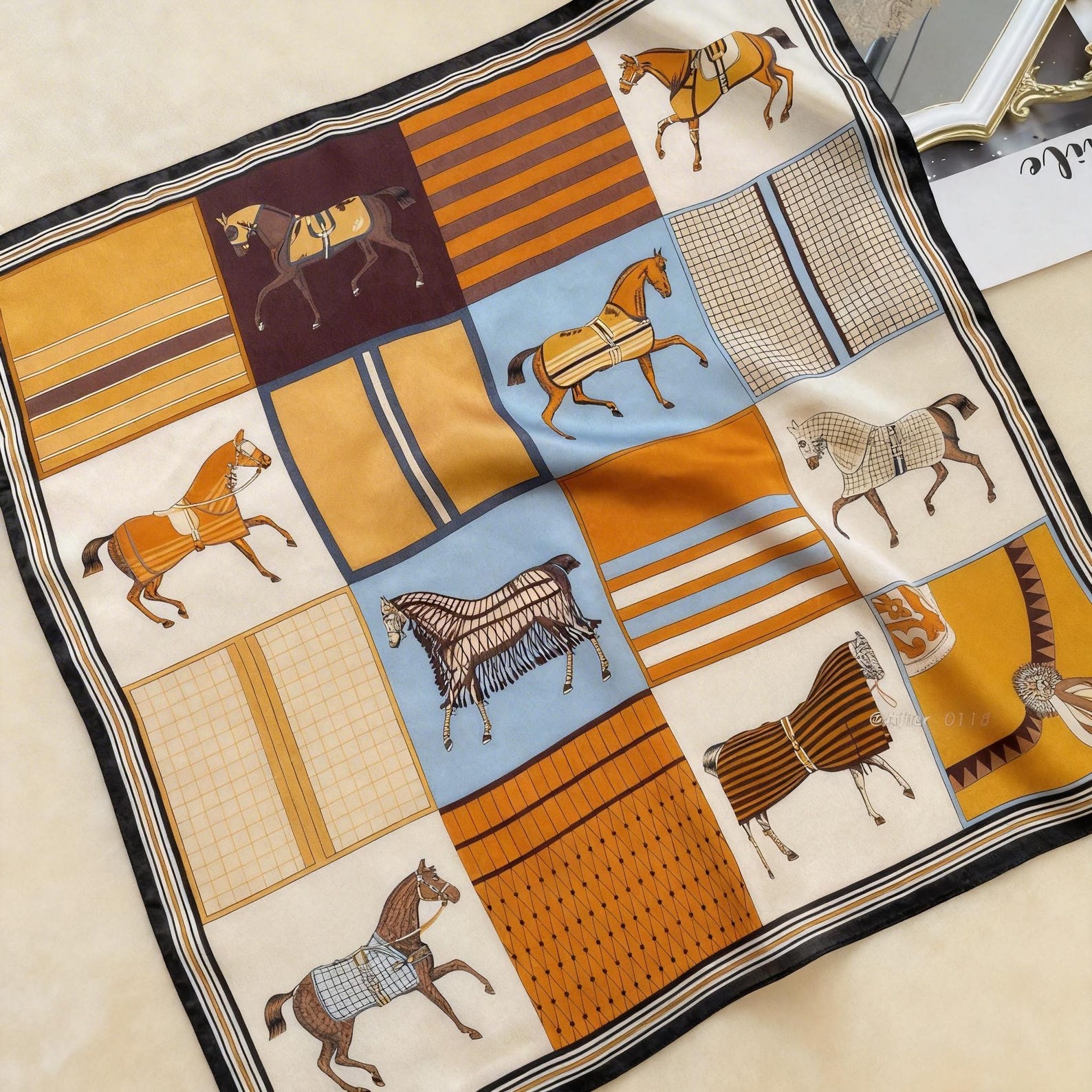 100% Mulberry Silk Scarf – Vintage Equestrian Horse Print, Bohemian Style Accessory
