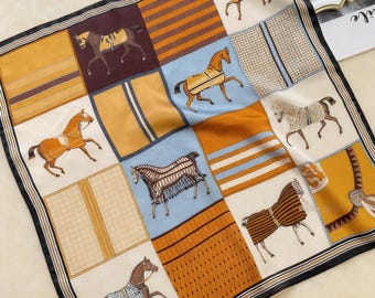 100% Mulberry Silk Scarf – Vintage Equestrian Horse Print, Bohemian Style Accessory