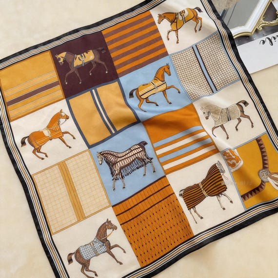 100% Mulberry Silk Scarf – Vintage Equestrian Horse Print, Bohemian Style Accessory