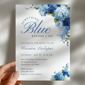 Invitación para despedida de soltera con temática azul, diseño floral de hortensias azules, plantilla editable de Canva (descarga instantánea).