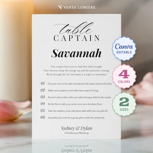 May include: A white rectangular wedding table captain card with black text. The card features the heading Table Captain, the name Savannah, a list of six tasks, and the names Sydney & Dylan with the hashtag #TheBennettWedding at the bottom.