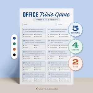 Puede incluir: Una hoja de papel blanca titulada Office Trivia Game Office Fails Edition con diez preguntas de opción múltiple sobre escenarios laborales. La hoja incluye campos para el nombre y la puntuación total, junto con insignias circulares que indican 5 ediciones, 4 colores y 2 tamaños, además de una barra de paleta de colores vertical.