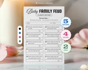 Könnte beinhalten: Eine weiße Baby Family Feud Classic Edition Spielkarte mit schwarzem Text. Die Karte enthält zehn Umfragefragen für neue Eltern, ein Feld für Name und Gesamtpunktzahl sowie drei kreisförmige Abzeichen für 5 Editionen, 4 Farben und 2 Größen.