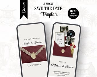 Burgundy Save the Date Website Template | Digital Wedding Invitation with RSVP | Instant Download