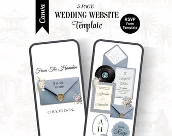 Luxury Floral Dusty Blue Wedding Website Invitation – Editable Canva RSVP Template