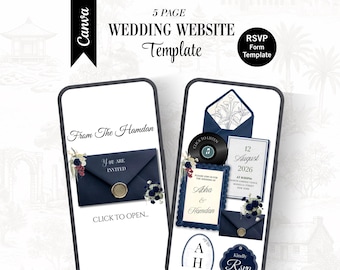 Navy Blue Floral Wedding Website Invitation – Editable Canva RSVP Template