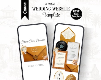Orange Gold Floral Wedding Website Invitation – Editable Canva RSVP Template
