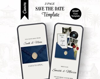 Navy Blue Save the Date Website Template | Digital Wedding Invitation with RSVP | Instant Download