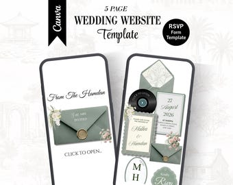Digital Floral Sage Green Wedding Website Invitation – Editable Canva RSVP Template