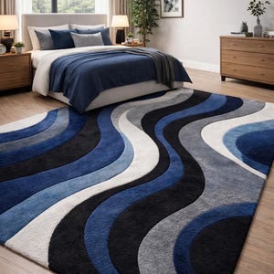 9×12 ft Modern Abstract Area Rug Blue Gray Wave Rug, Contemporary Living Room Carpet, Soft Plush Large Rug, Bedroom Floor rug, office rug