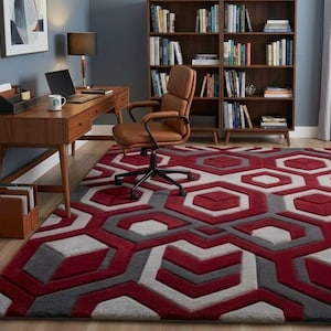 8×10ft Modern Cube Pattern Rug, Geometric Hexagon Area Rug, Burgundy Gray Statement Carpet, Office & Living Room Floor Decor, Bedroom rug