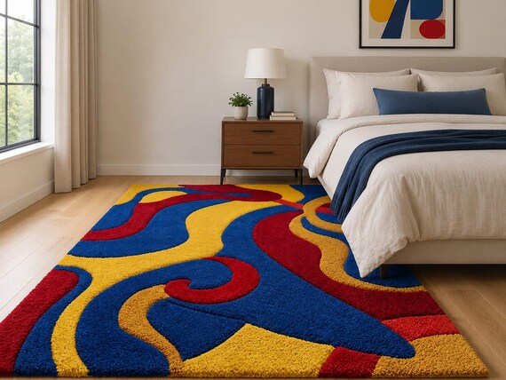 8×10 ft Abstract Colorful Area Rug, Modern Blue Red Yellow Rug, Contemporary Living Room Carpet, Artistic Statement Rug, Home decor rug