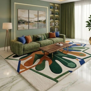8×10ft Modern Abstract Botanical Area Rug, Green Living Room Rug, Contemporary Leaf Carpet, Luxury Designer Rug, Large Area Rug, Bedroom rug