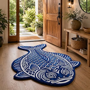 Könnte beinhalten: Ein blau-weißer Fischteppich mit detaillierten Mustern auf einem Holzboden. Der Teppich hat einen dunkelblauen Hintergrund mit weißen Designs. Der Teppich liegt in einem Hauseingang.
