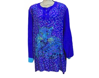 Túnica Diane Gillman de los años 90, de seda azul vibrante y morado con estampado de leopardo, talla 3x