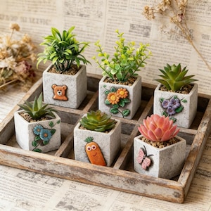 Set of 6 Cement Succulent Planters, Whimsical Animal Floral Decor, Rustic Desk Garden Art