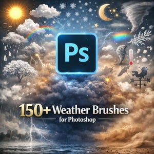 Op de afbeelding: Digitale illustratie met diverse weerelementen: zon, regenboog, wolken en bliksem. De afbeelding bevat het Adobe Photoshop-logo en de tekst "150+ Weather Brushes for Photoshop."
