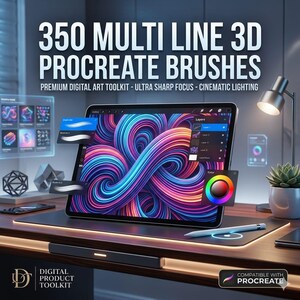 350 Multi-Line 3D Procreate Brushes | Lettering, Texture, Sketch (Digital Download)