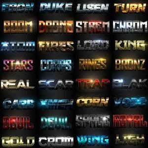 Pu&ograve; includere: Una griglia di effetti di testo con parole come "BOOM", "STARS" e "DEVIL" in vari stili metallici e luminosi. Ogni parola &egrave; resa con un carattere e una combinazione di colori unici, con effetti come cromo, fuoco e neon. Lo sfondo &egrave; scuro.