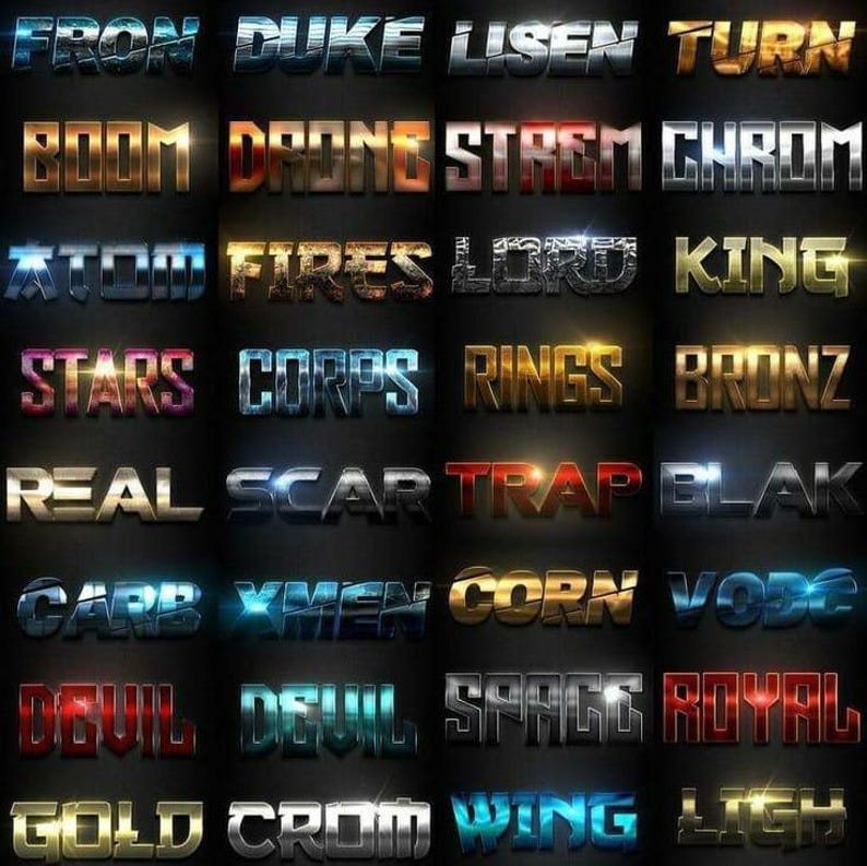 Pu&ograve; includere: Una griglia di effetti di testo con parole come "BOOM", "STARS" e "DEVIL" in vari stili metallici e luminosi. Ogni parola &egrave; resa con un carattere e una combinazione di colori unici, con effetti come cromo, fuoco e neon. Lo sfondo &egrave; scuro.