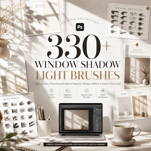 Op de afbeelding: Een digitale collectie van 330+ vensterschaduw lichtpenselen voor Photoshop, weergegeven met voorbeelden, een laptopscherm met de software-interface, een pennenhouder en een keramische mok op een bureau met natuurlijk licht.