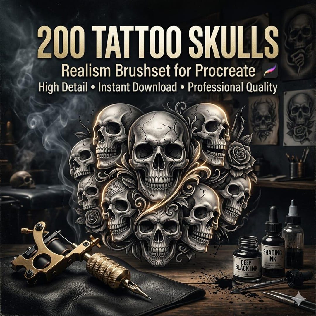 200 Tattoo Skulls Realism Brushes for Procreate | Dark Art Ink Stamps ...