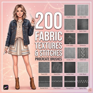 Op de afbeelding: Digitale illustratie met een vrouw die een stylus vasthoudt naast de tekst "200 FABRIC TEXTURES & STITCHES PROCREATE BRUSHES." De afbeelding toont verschillende stoffen texturen en steekpatronen, waaronder chunky knit en denim wash.