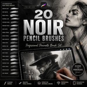Könnte beinhalten: Werbung für ein Procreate-Pinselset. Das Bild zeigt ein Tablet mit einer Zeichnung im Noir-Stil, Bleistifte und den Text "20 NOIR PENCIL BRUSHES". Das Set bietet verschiedene Bleistifttexturen zum Skizzieren und Schattieren.