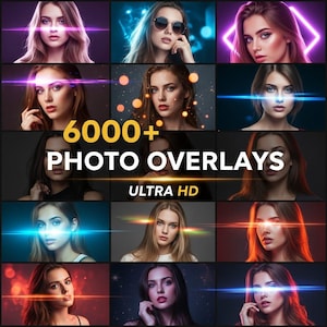 May include: A grid of twelve images featuring women with various light effects. The text "6000+ PHOTO OVERLAYS ULTRA HD" is displayed in the center. Each image showcases different lighting styles, including lens flares and neon effects, suitable for photo editing.