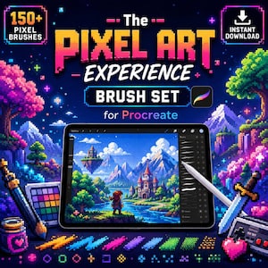May include: A digital brush set for Procreate titled The Pixel Art Experience, featuring 150+ pixel brushes. The graphic displays a tablet screen showing a pixelated landscape with a castle, a character, and mountains, surrounded by pixel art icons.