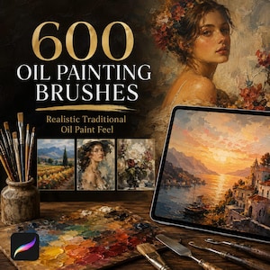 Puede incluir: Imagen que promociona 600 pinceles de pintura al óleo. La imagen presenta una tableta digital que muestra una pintura de paisaje de puesta de sol, una paleta con varios colores y una colección de pinceles. El texto dice "600 Oil Painting Brushes" y "Realistic Traditional Oil Paint Feel."