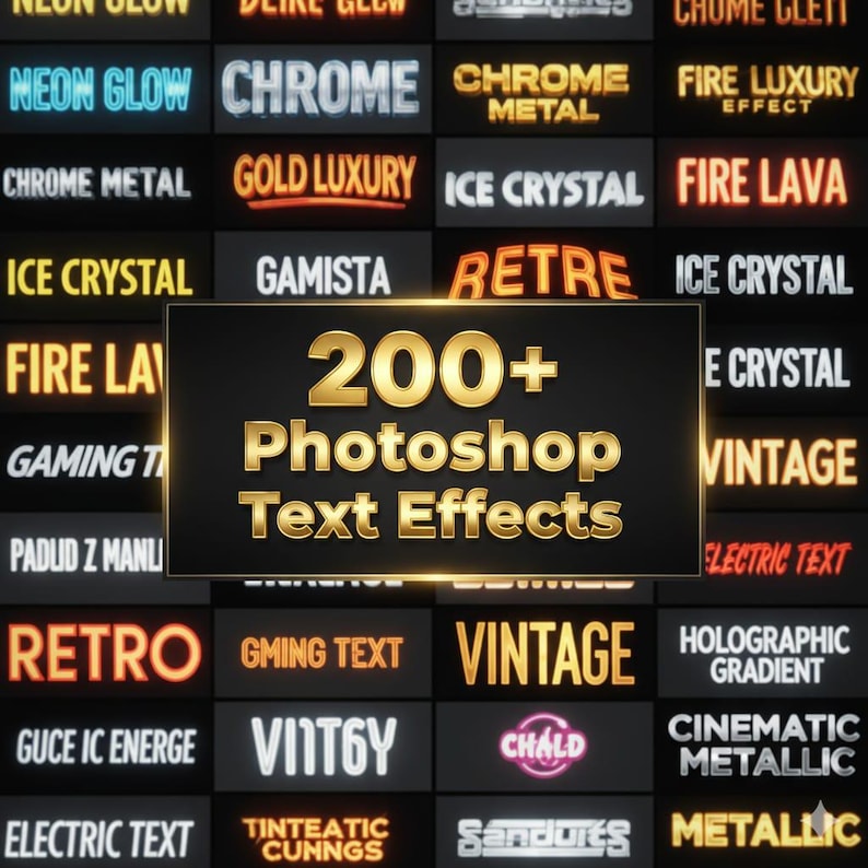 Pu&ograve; includere: Una collezione di effetti di testo per Photoshop, con una grafica centrale che recita "200+ Effetti di testo Photoshop" in lettere dorate. Sono visualizzati vari stili di testo, tra cui "Neon Glow", "Chrome" e "Fire Lava".