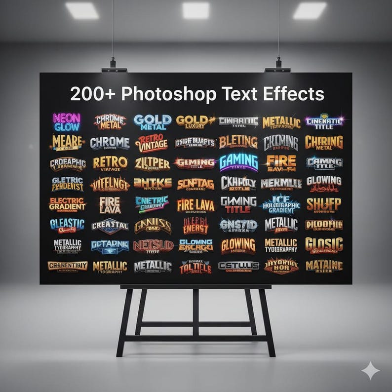 Pu&ograve; includere: Una lavagna nera su un cavalletto nero mostra il testo "200+ Photoshop Text Effects". La lavagna presenta vari stili di effetti di testo, tra cui "Neon Glow", "Chrome Metal" e "Gold". Il testo &egrave; multicolore.